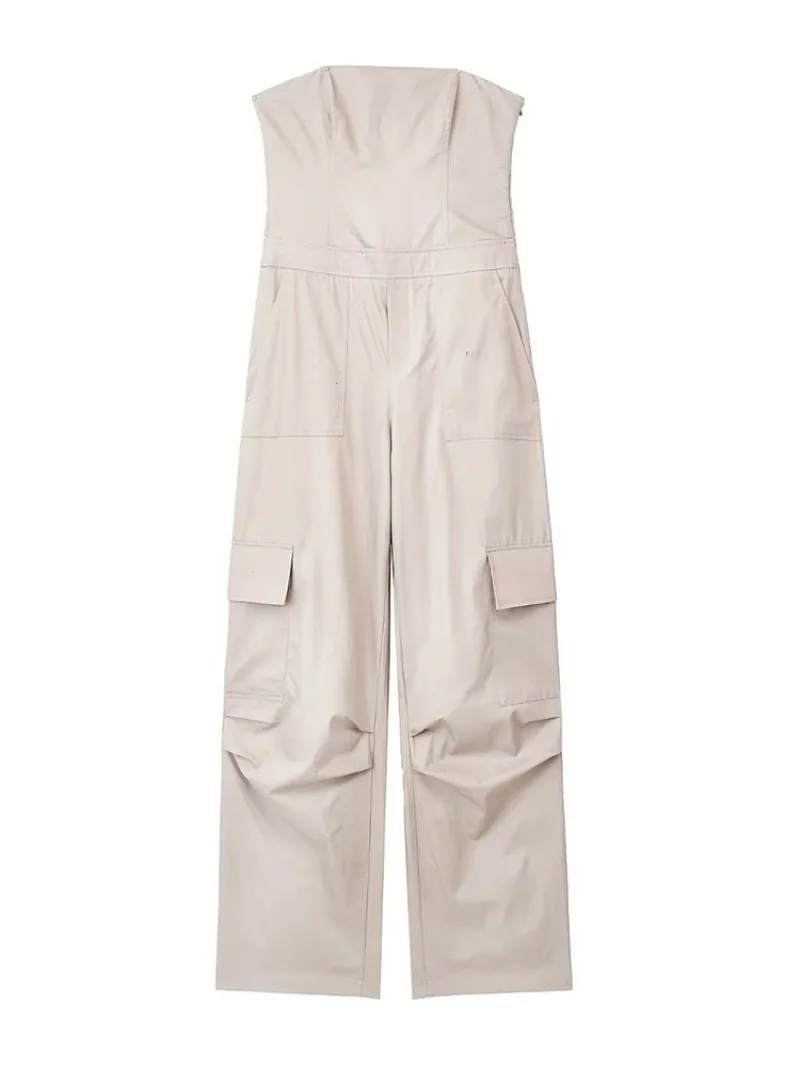 Women Fashion with Pockets Strapless Cargo Jumpsuit Vintage Straight Neck Side Zipper Female Playsuits Overalls for Women 2023