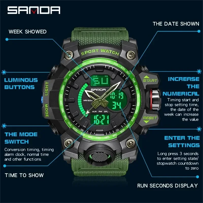 SANDA 3132 LED Dual Display Sport Waterproof Shockproof Electronic Mens Wristwatches Military Digital Quartz Watch for Men Reloj