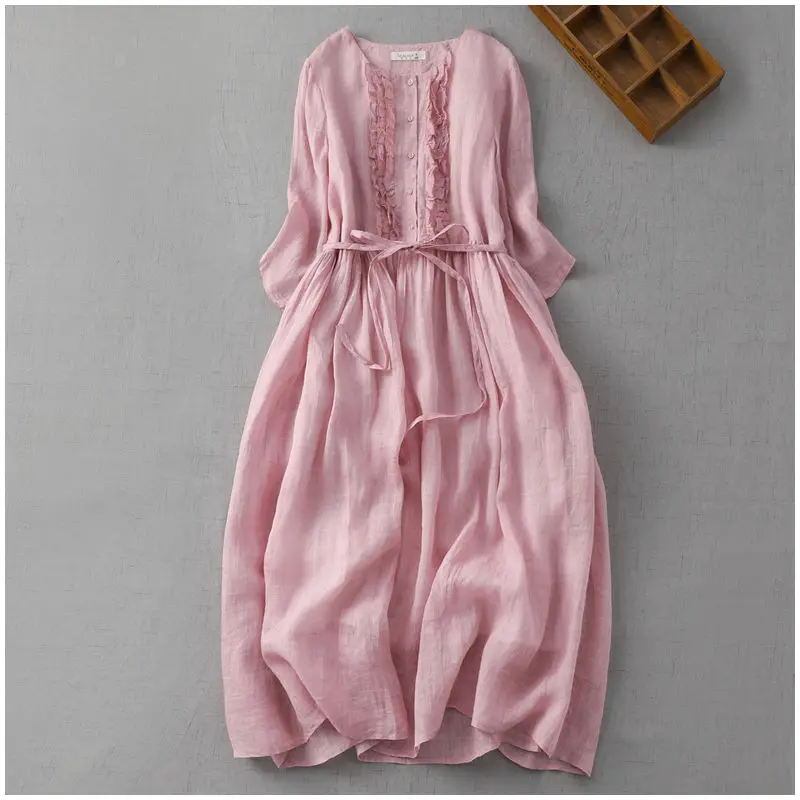 

2024 Summer Women Retro Long Solid Color Dress Female O-neck Buttons Dresses Ladies Fashion Loose Casual A-line Vestidos C108