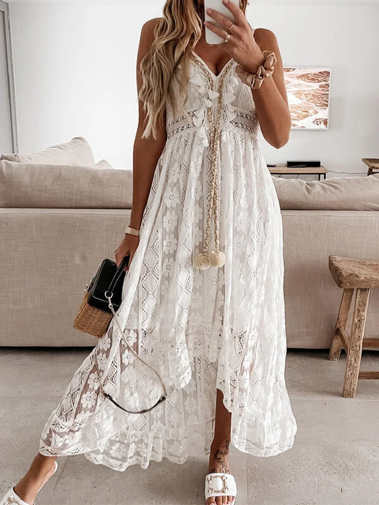 

Summer Boho Long Dresses Women Lace V Neck Spaghetti Strap Dress Lady Off Shoulder Beach Sundress White Dress Vestidos De Mujer