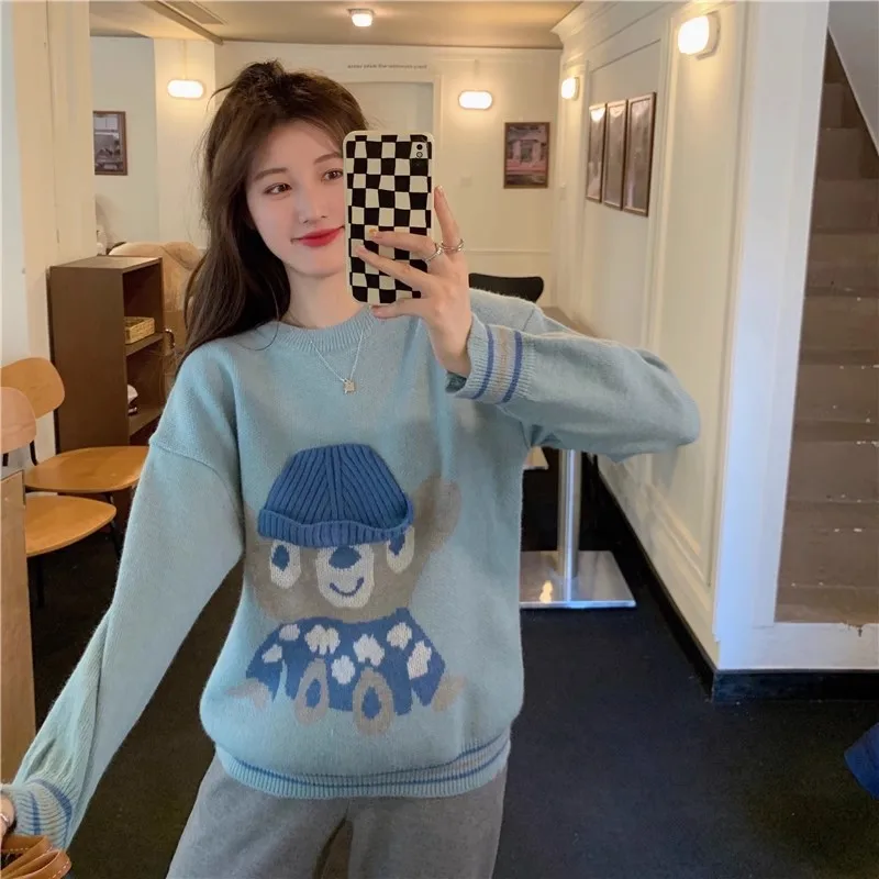 

Blue Cartoon Bear Autumn Sweater Women Korean Loose Casual Knitted Jumpers Long Sleeve Knitwear Pullovers Kawaii Sweet Lazy Girl