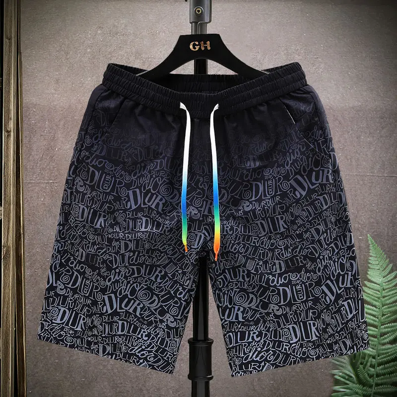 2024 Summer Casual Loose Fashion Trend Quick Drying Thin Sports High Waisted Drawstring Printed Five Point Beach Pants for Men