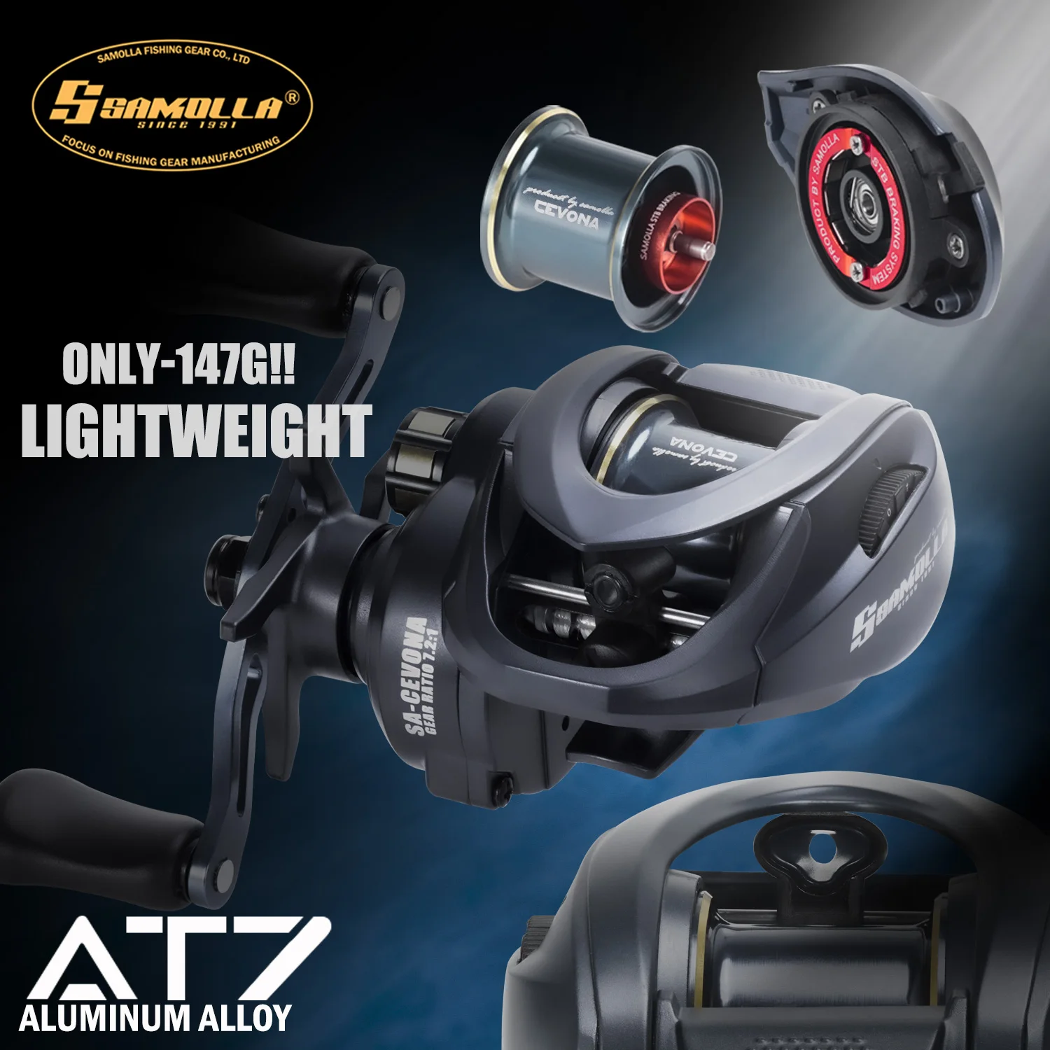 Moulinet baitcasting ultraléger SAMOLLA 149g STB Brake 7.2:1 8+1BB pour pêche mer et lancer puissance 5kg