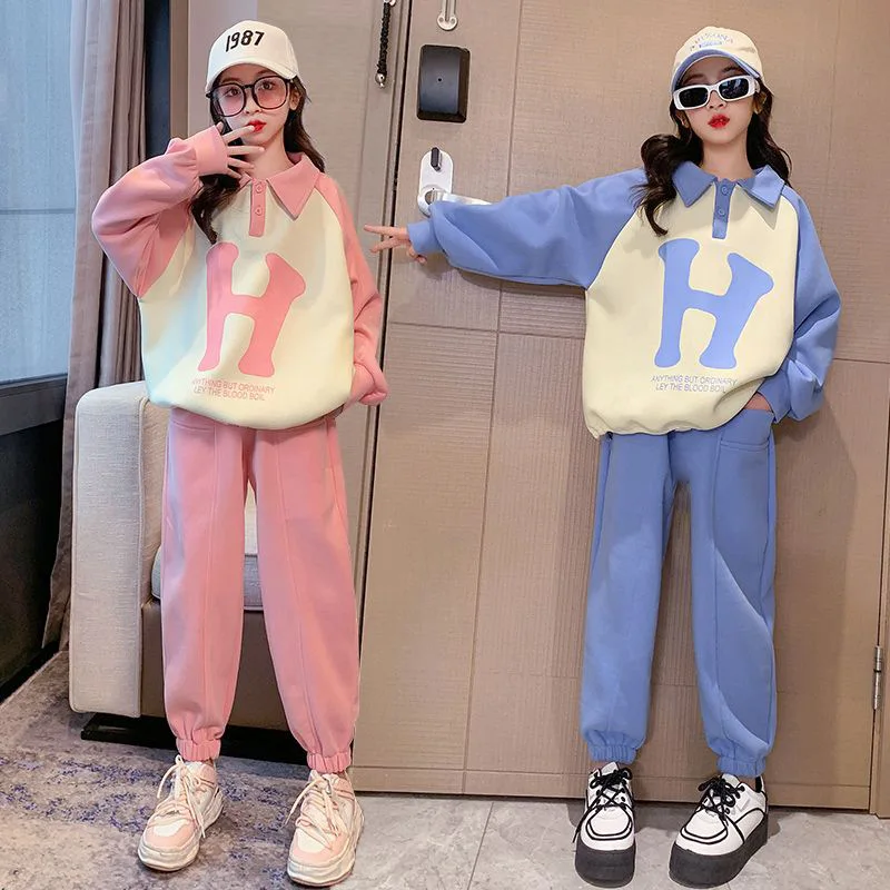 

2023 Spring and Autumn Kids Clothes Girls Sports Suit Long Sleeve Letter Turn-Down Collar Sweatershirt+Pant 2Pc Outfit 4-13 Year
