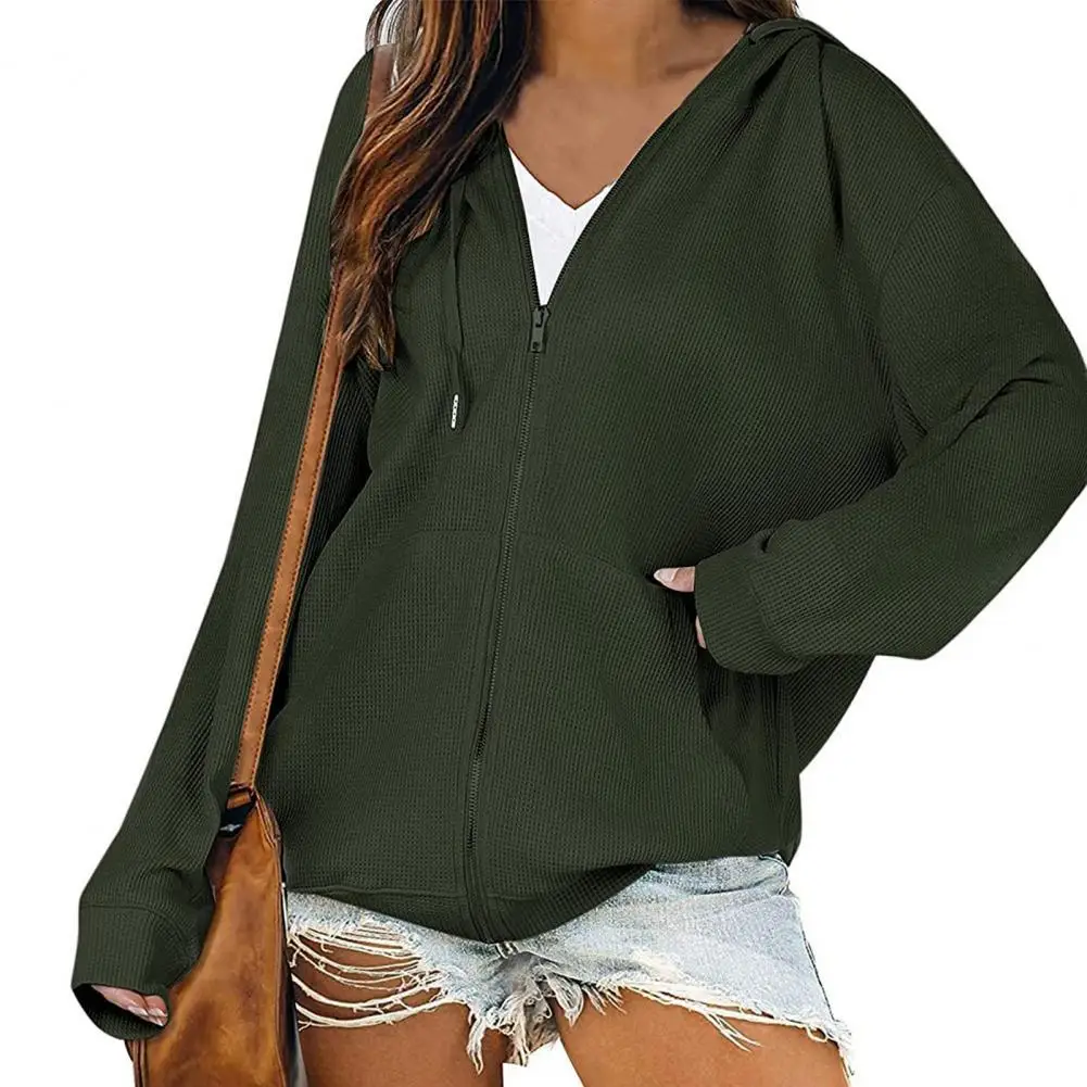 

Women Long Sleeve Hooded Sweatshirt Autumn Winter Hooded Women Solid Color Zipper Closure Keep Warm Loose Fit Sweatshirt