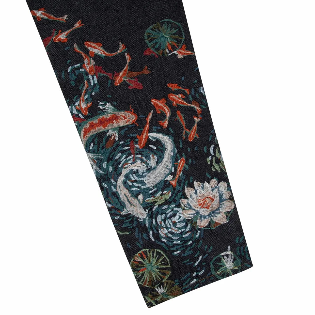 Vintage Black Koi Fish Lotus Embroidered Wide Leg Denim Jeans Y2K Streetwear Oversized Cotton Casual Urban Hip Hop Fashion 4