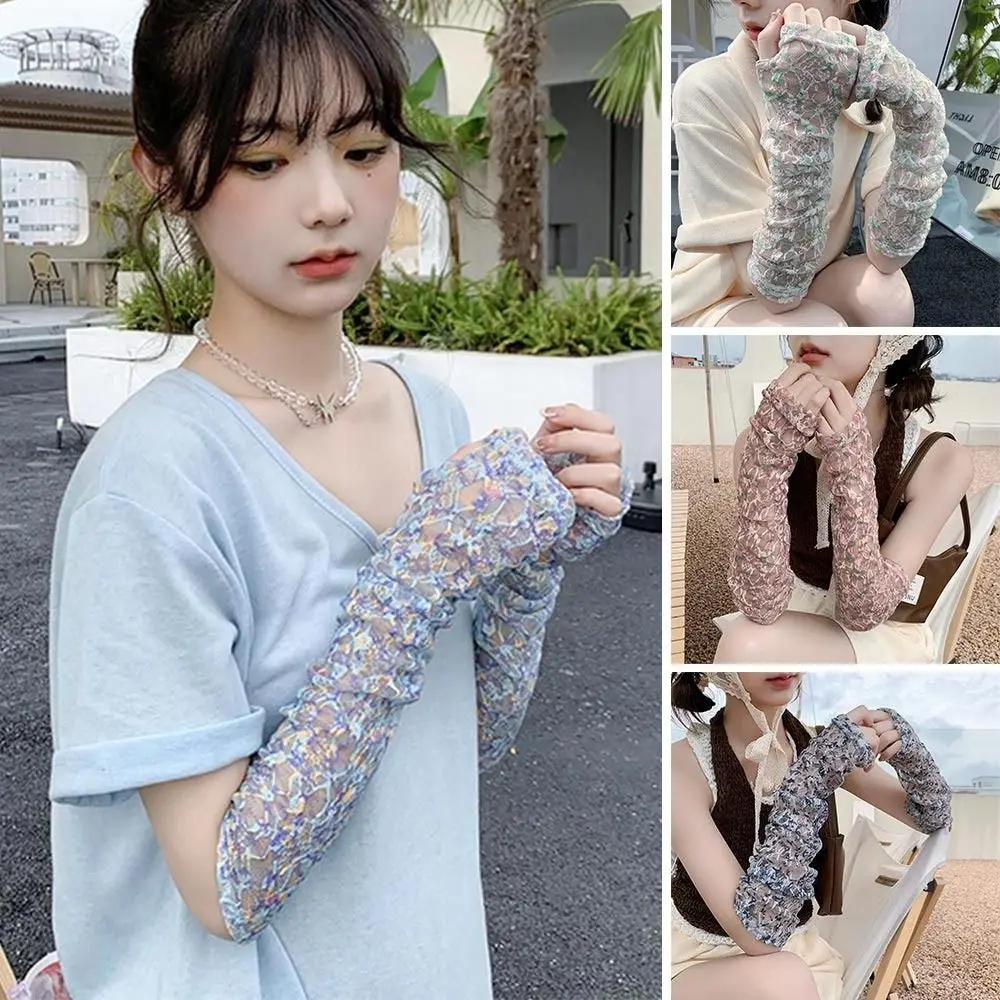 

Sunscreen Lace Thin Arm Sleeves Long Gloves Hollow-Out Cycling Mittens