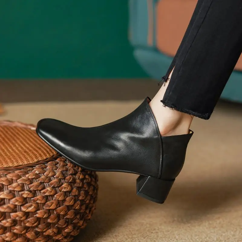 

Ботинки женские в стиле ретро, базовая обувь из воловьей кожи, с квадратным носком, простые однотонные полусапожки, для весны и осени