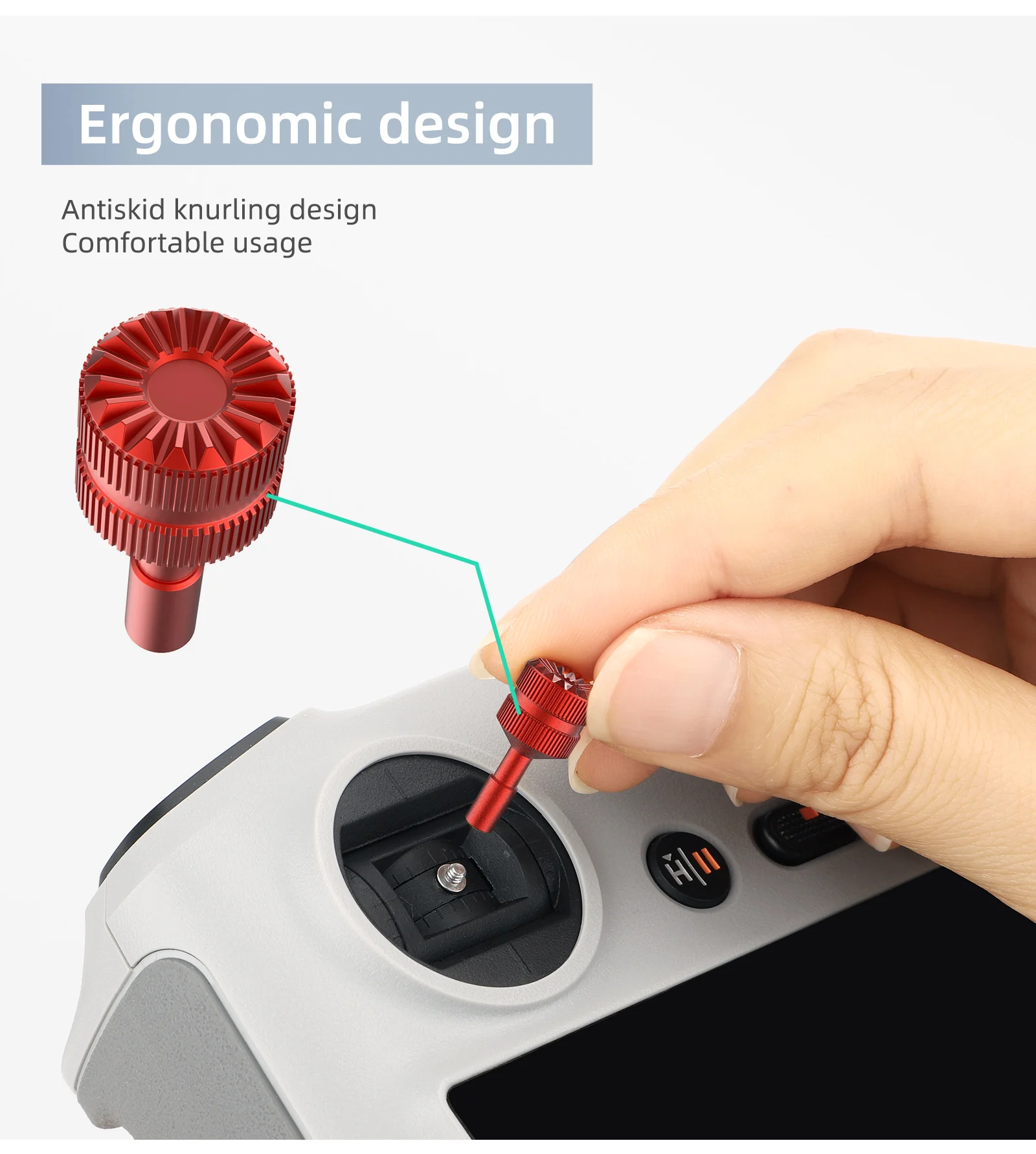Joysticks de rechange pour télécommande de drone en alliage d'aluminium CNC, posés sur une surface métallique.