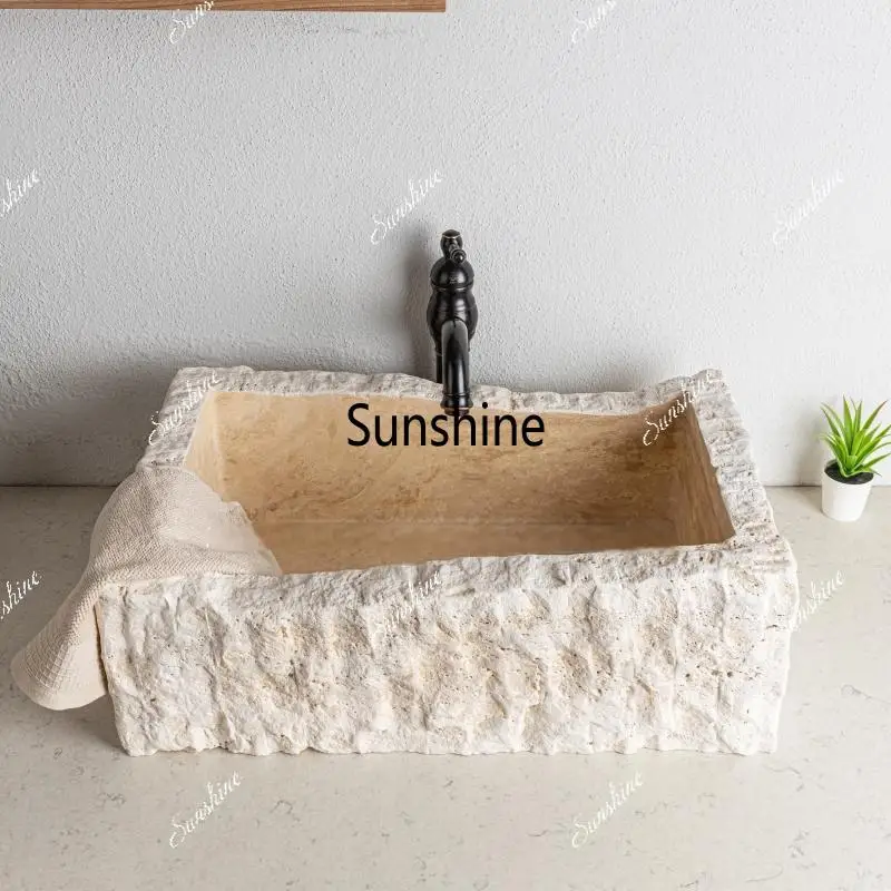 อ่างล้างหน้าหินอ่อนธรรมชาติสีทอง - อ่างล้างหน้าทรงไม่สม่ำเสมอสำหรับโรงแรม วิลล่า ลานบ้าน อ่างล้างหน้าหินที่มีเอกลักษณ์ 1