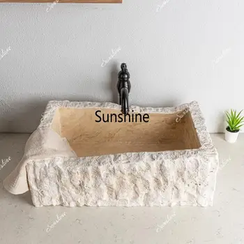 อ่างล้างหน้าหินอ่อนธรรมชาติสีทอง - อ่างล้างหน้าทรงไม่สม่ำเสมอสำหรับโรงแรม วิลล่า ลานบ้าน อ่างล้างหน้าหินที่มีเอกลักษณ์ 1