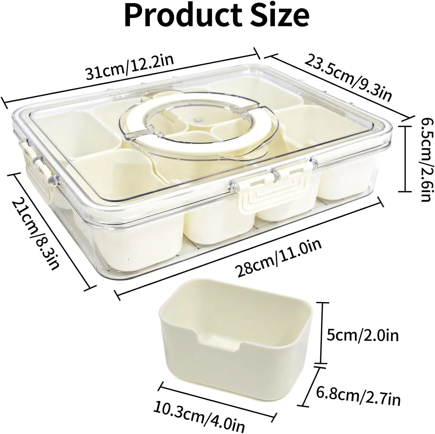 Divided Serving Tray with Handle-Lid & Removable Snack Box 8 Compartment Fruit Container Food Storage Snackle Lunch Organizer