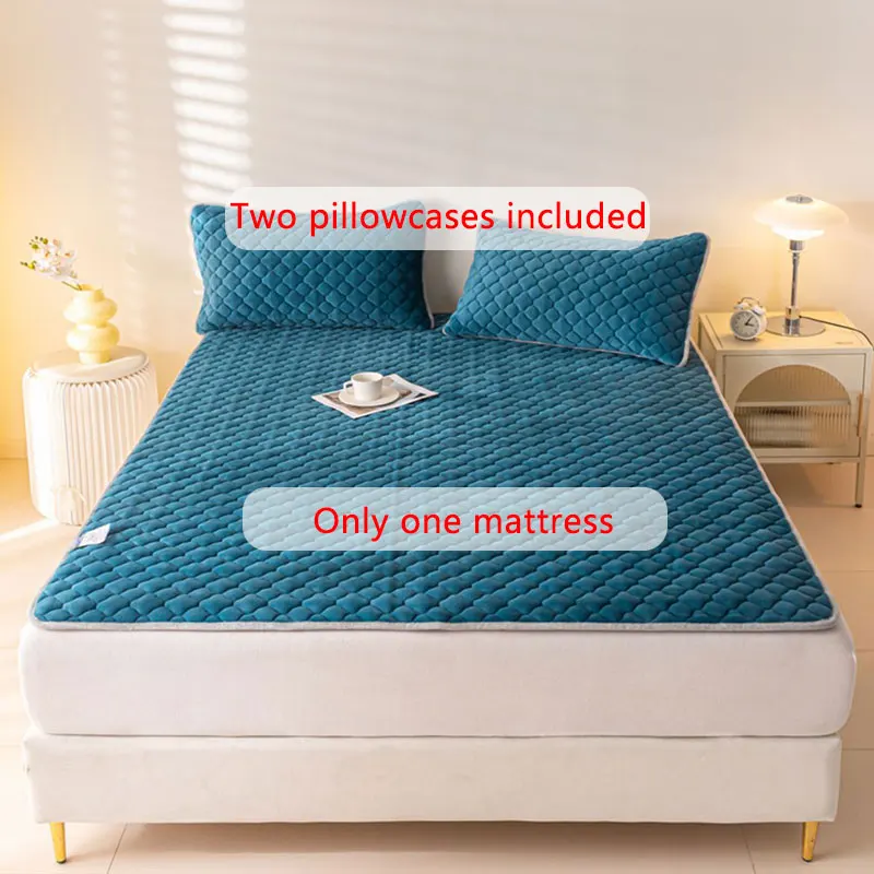 3 pieces milk fleece-padded mattress cover pillowcase soft comfortable warm bedding machine washable bedroom