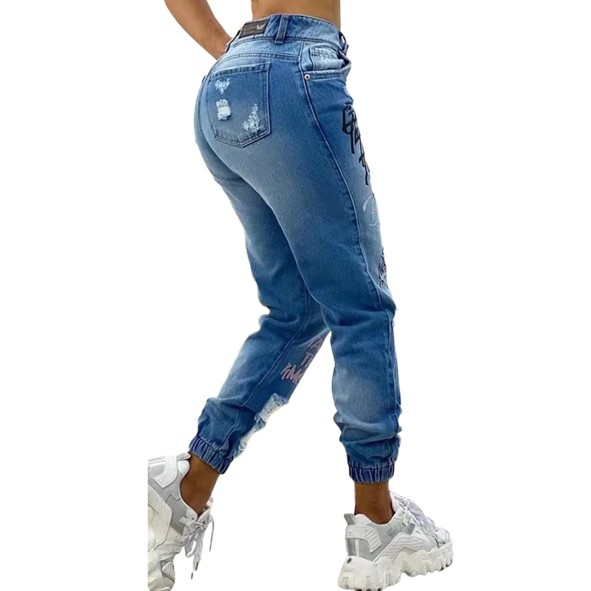 2024 New Letter Print Slant Pocket Ripped Jeans Casual Jeans Women 5