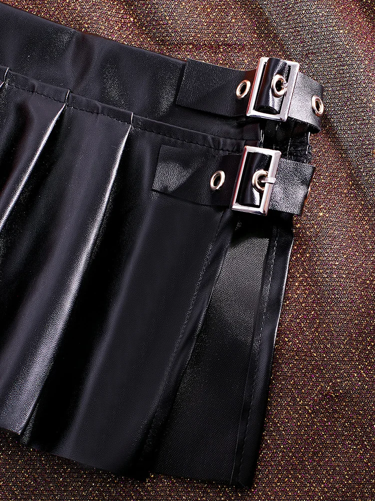 Sexy PU Leather Pleated Skirt Women Solid Basic Mini Skirt Low Waist Skirt Female Nightwear Micro Bikini Skirts Nightclub Skirts 5
