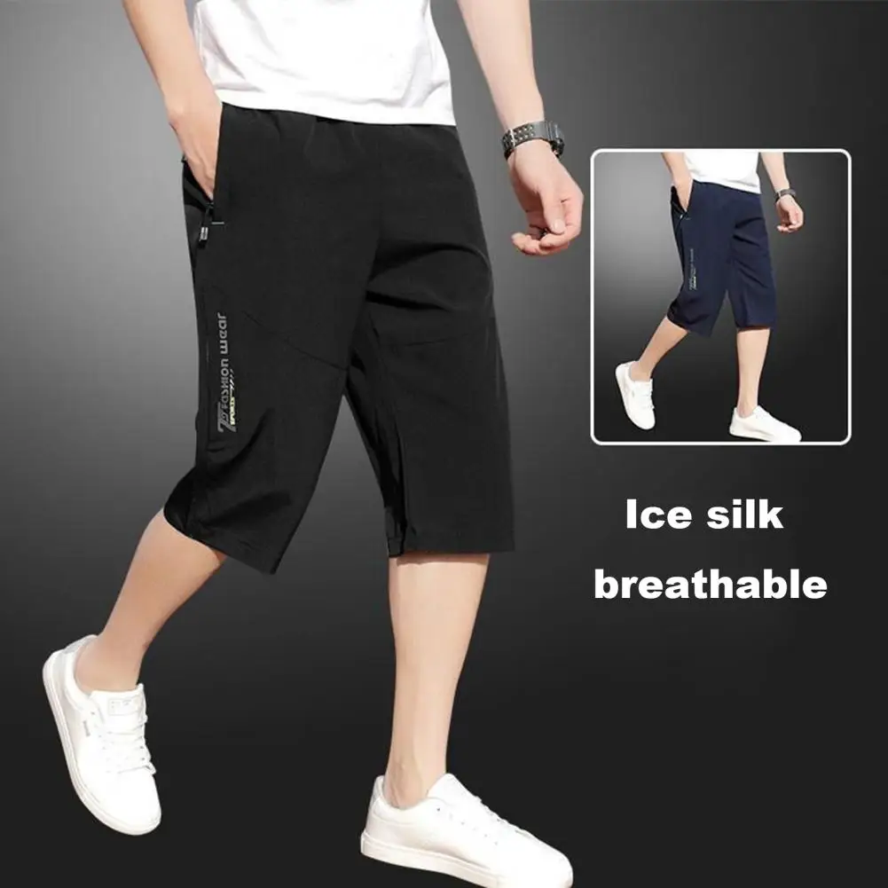 Solid Color Cropped Pants Men\'s Elastic Waist Cropped Pants with Zipper Pockets Soft Breathable Mid-calf Length for Comfortable
