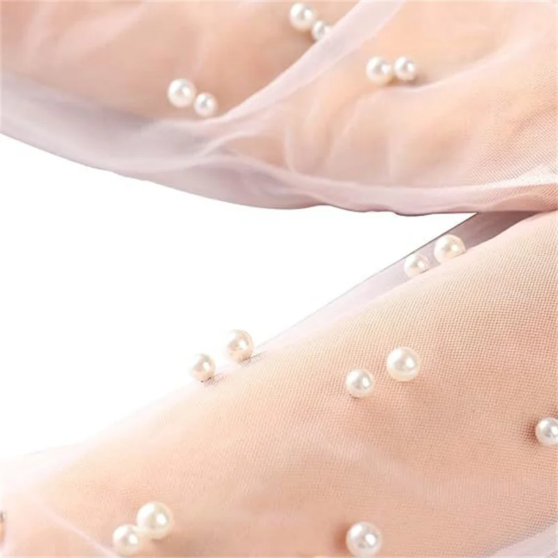 1Pair Bridal Sheer Tulle Gloves Long Wedding Gloves for Bride Pearls Decoration Fingerless Bridal Party