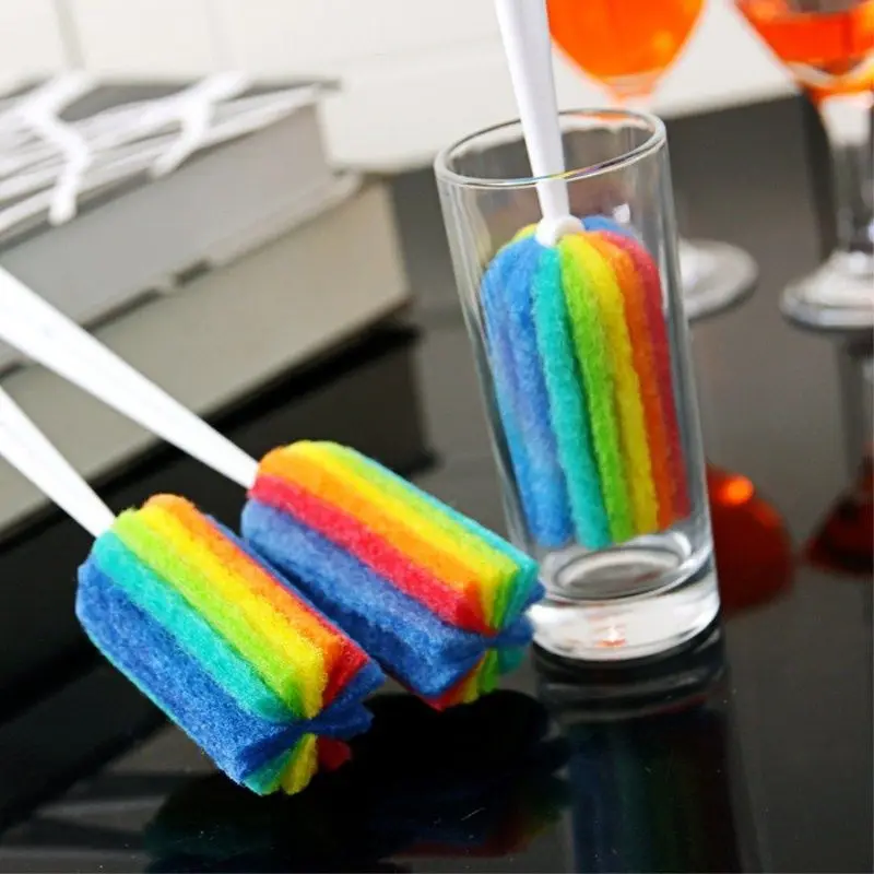 Newborn Baby Rainbow Sponge Brush Water Bottle Cup Mug Glass Washing Sponge Cleaning Scrubber with Handle Cleaning Utensils