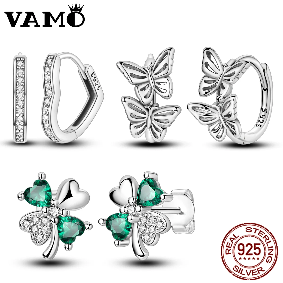 VAMO 925 Sterling Silver Earrings Jewelry Hoop Clover Ear Studs Sparkling Pave Butterfly Earring Wedding Gift Women Anniversary silver earrings silver stud earrings silver hoop earrings womens earrings