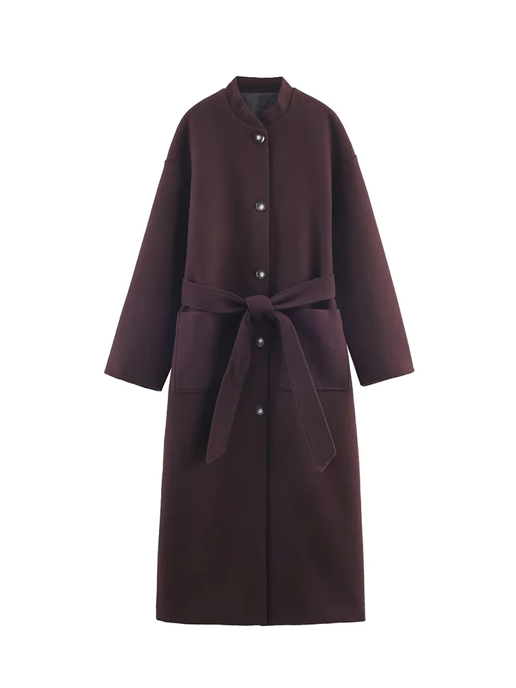 New Women Woolen Coat With Belted Fashion Large Pocket Single Breasted Loose Long Coat Winter Thickened Casual Outerwear