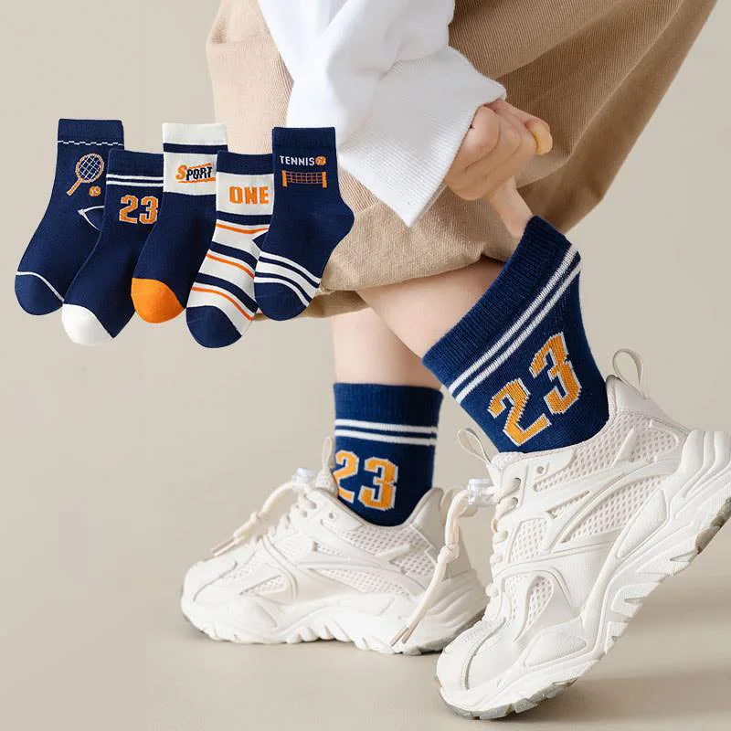 5 Pairs Kids Boys Socks Tennis Series Children Sport School Students Socks Spring Autumn Soft Cotton Toddler Mid Tube Sock