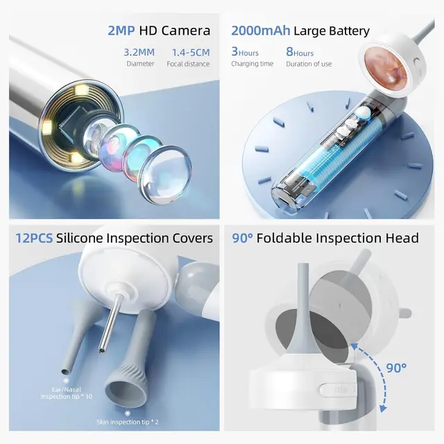 Ear Wax Clean Tools Take Picture Video Visual Ear Camera 1.38'' IPS Screen Wireless Endoscope  3.2mm 1.38 Inch 90degree 6