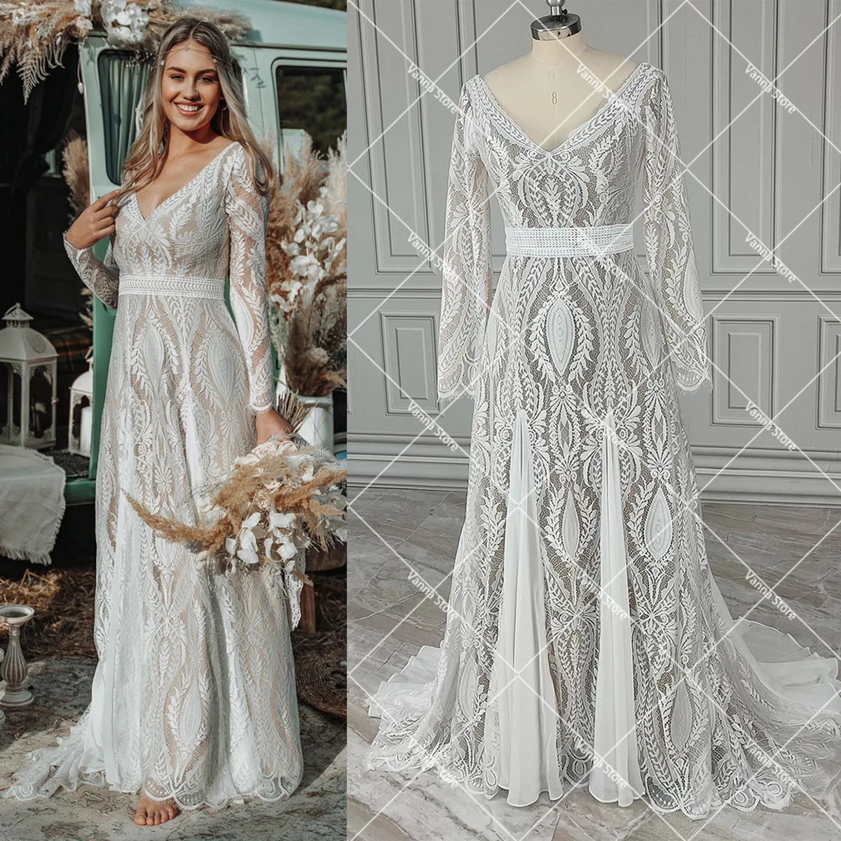 

Lace Chiffon Panel Boho A Line Wedding Dress Hippie Lace Custom Made V Neck Sleeveless Open Back Beach Elopement Bridal Gown