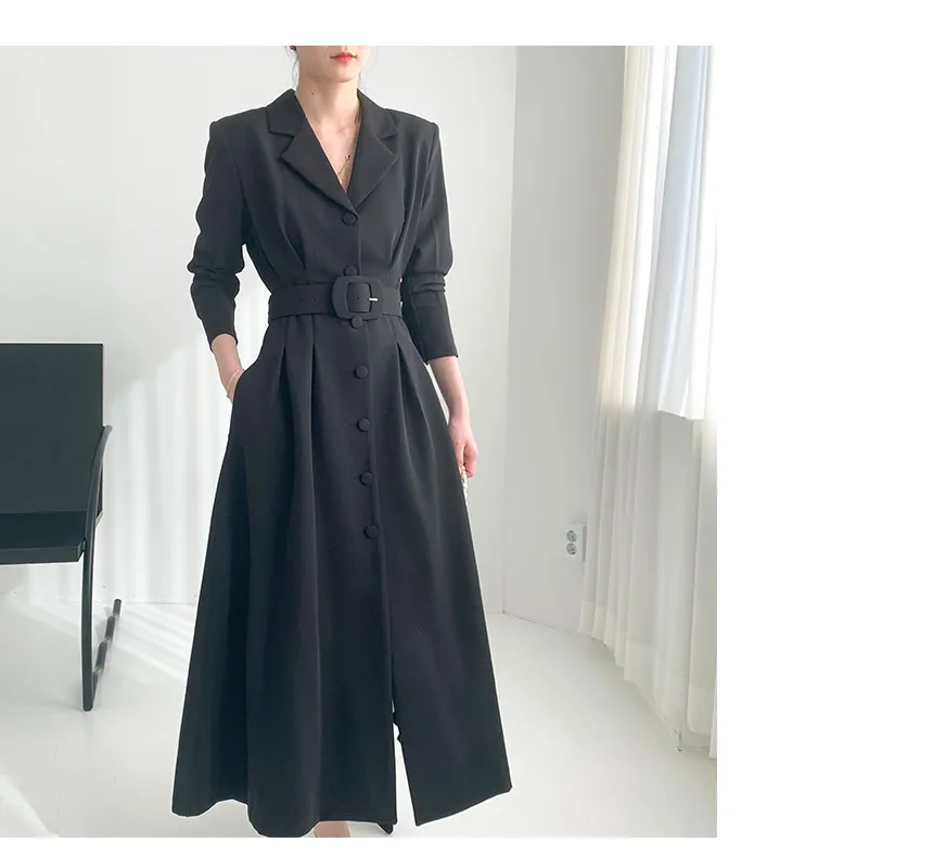 ドレス ボタン ロング 長袖 シングルブレスト レディース 女性用長袖ドレス,シングルブレスト,気質,スリムウエスト,ベルト