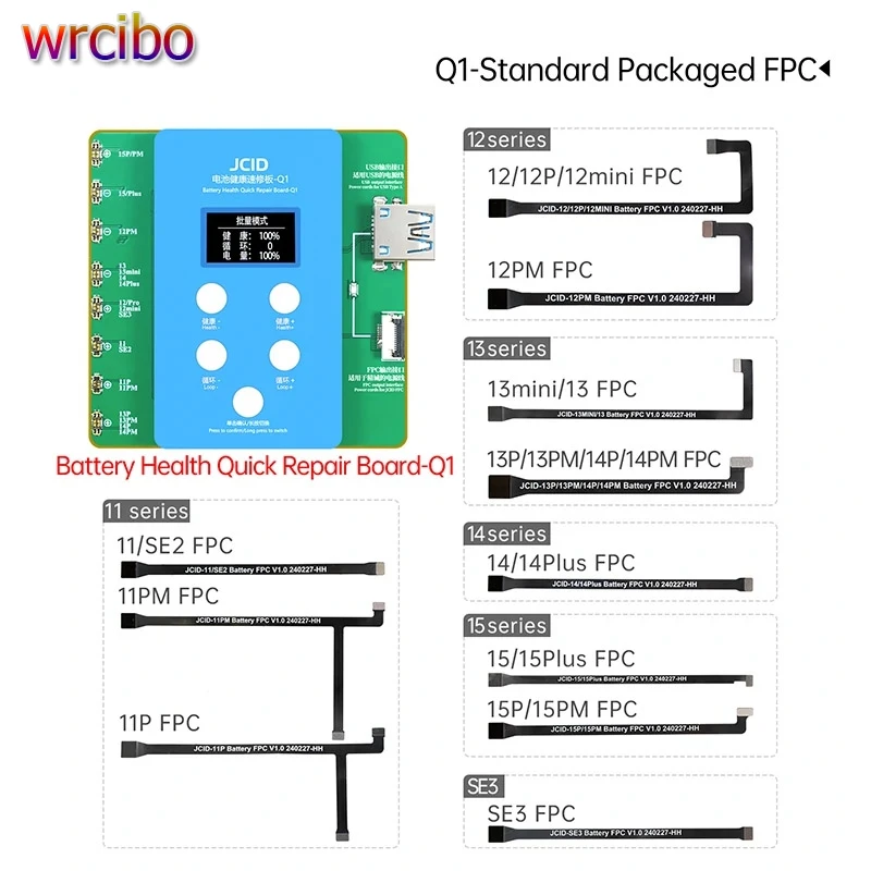

Калибровщик аккумулятора JCID Q1, быстрая ремонтная плата для iPhone 11, 12, 13, 14, 15PM, батарея, цикл измерения состояния здоровья, без батареи, FPC