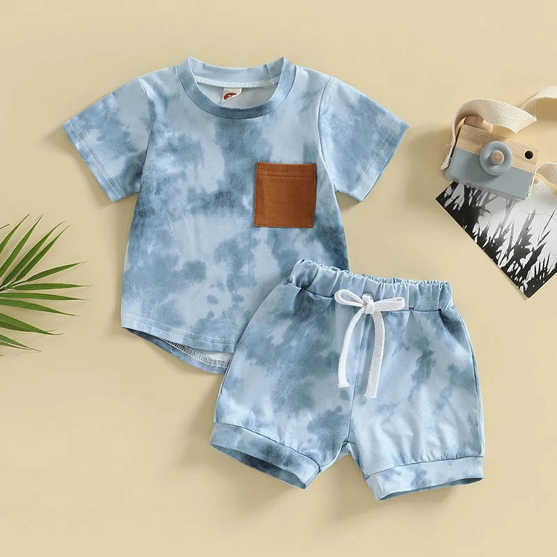 Summer Baby Boys Suit Tie-dye Print Short Sleeve T-shirt + Elastic Waist Shorts 2Pcs