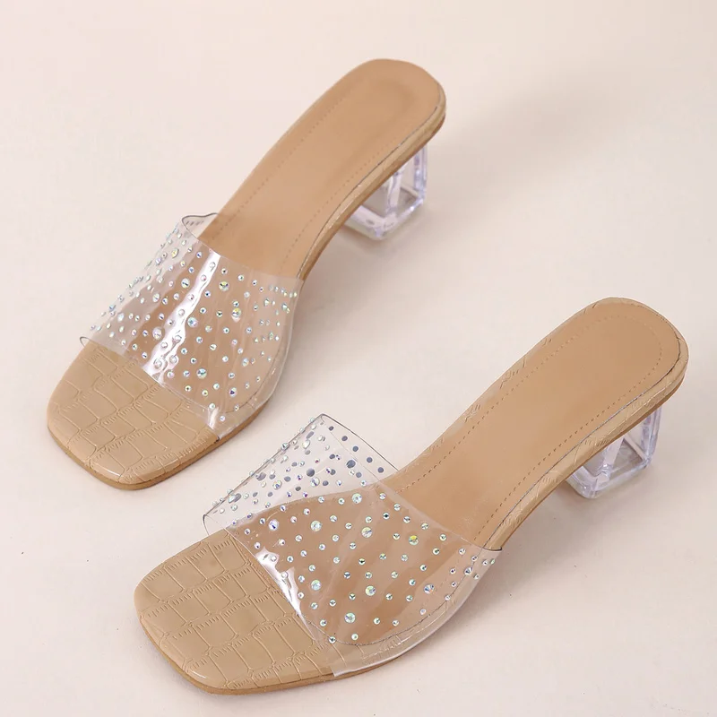 Fashion PVC Transparent Rhinestone Slippers Women Sexy High Heels Square Toe Ladies Shoes Shallow Sandals Slippers Women
