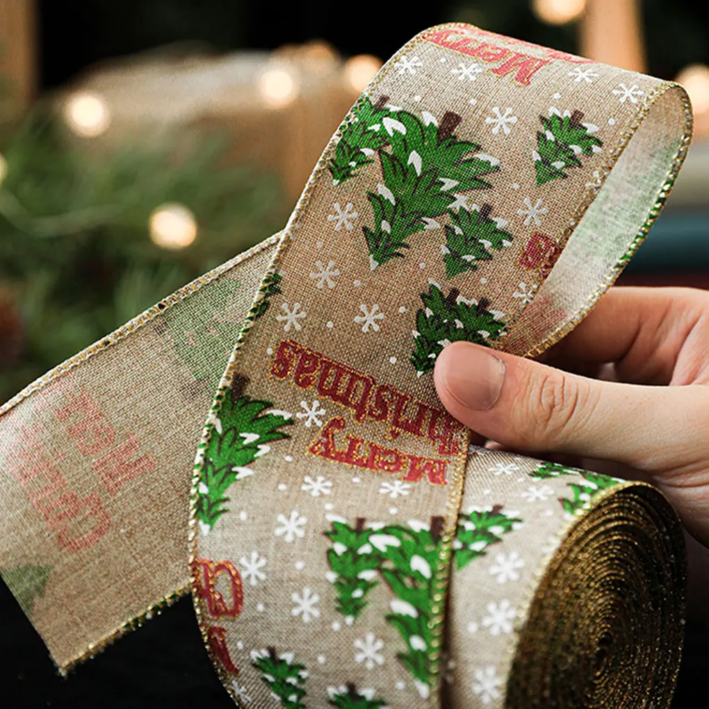 Christmas ribbon Ribbon decoration Ribbon supplies Craft ribbon Imitation hemp ribbon Wire edge Linen Christmas decoration Red and green Snowflake plaid 2M/Roll