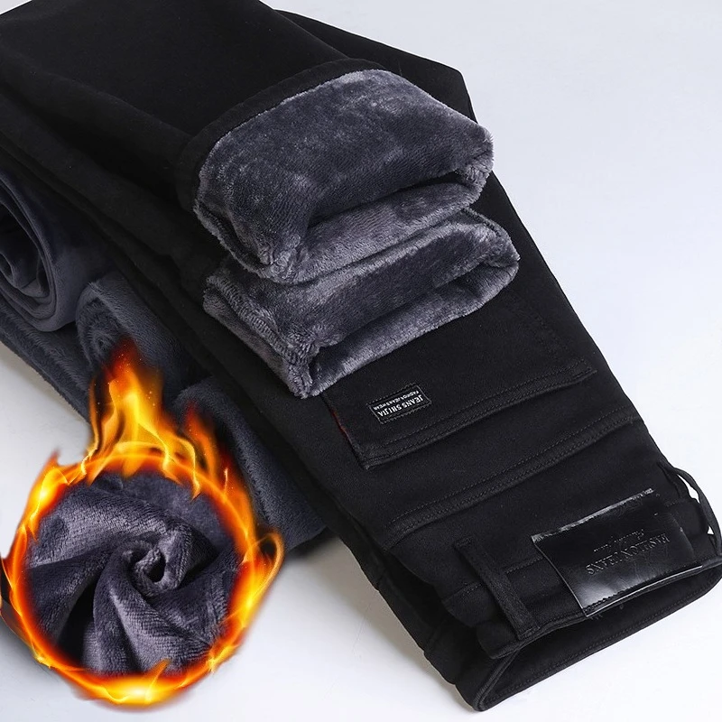 2025 Winter New Style Men's Black Straight Thick Jeans Fashionable Business Velvet Warm Denim Pants Fleece Hot Casual Pants 1