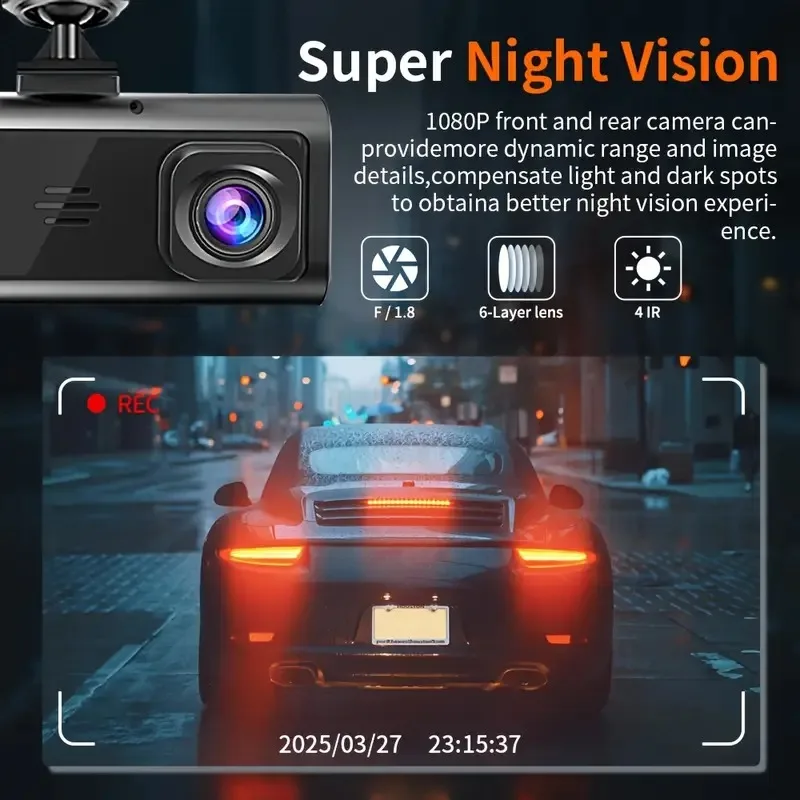 Dashcam per Auto a 3 Canali, Telecamera DVR 1080P con Visione Notturna, Registratore Video 24h per Parcheggio, Telecamera Anteriore, Interna e Posteriore - immagine 3