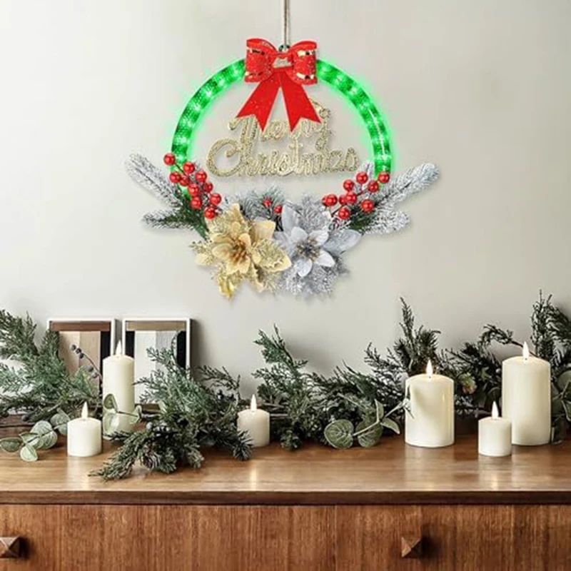 

1 PCS Christmas Wreaths For Front Door Christmas Wreath With Lights As Shown Flowers Picks, Green Pretty Garland Christmas Decor