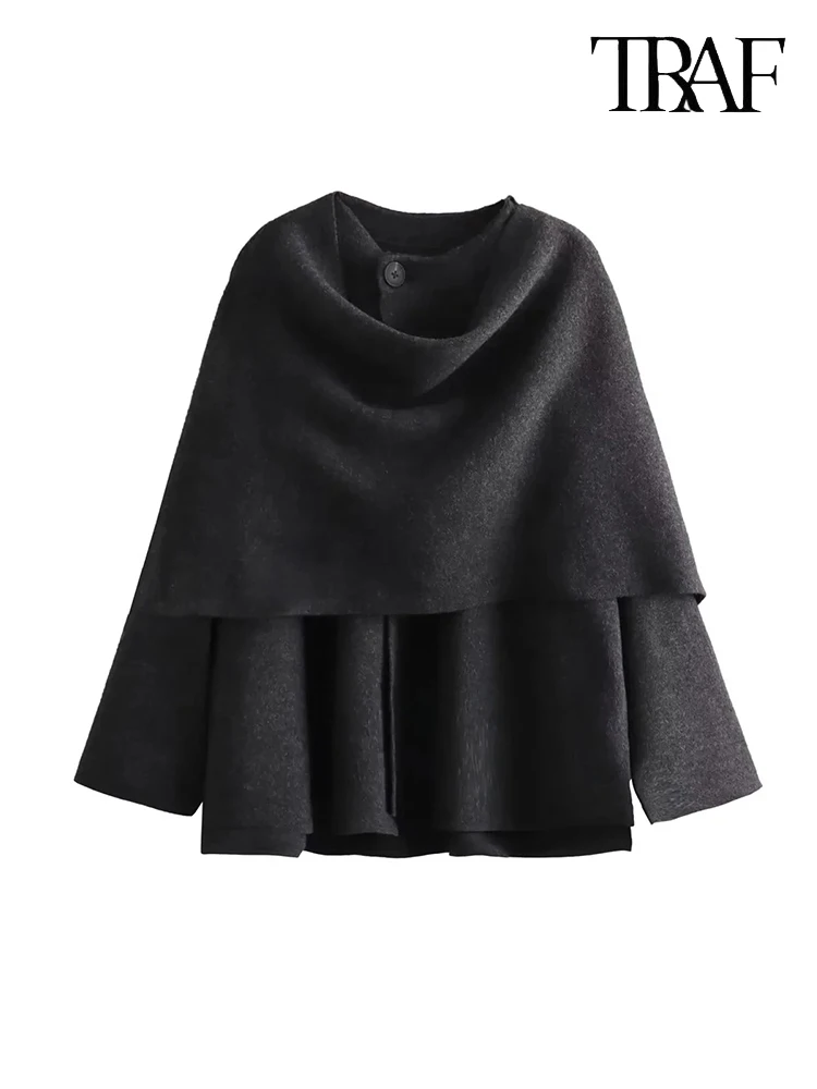 TRAF Women's Fashion Fall Winter Chic Scarf Jacket Long Sleeve Knitted Asymmetric Jacket Sexy Split Hem Loose Short Jacket 3