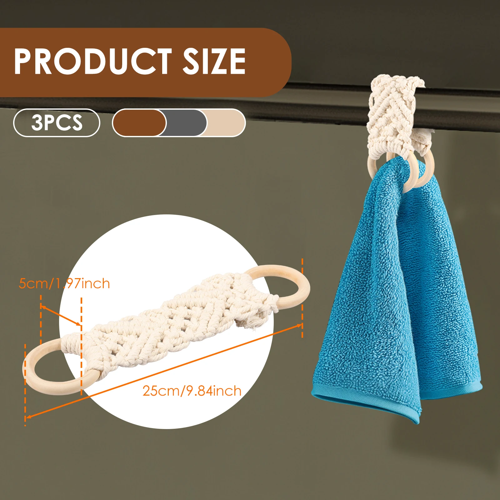 3Pcs Handmade Crochet Dish Towel Holder Decorative Kitchen Towel Ring with Two End Wood Loop Hand Towels Ring Dish