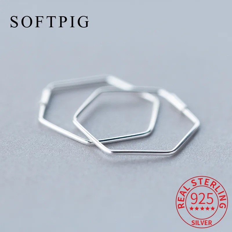 SOFTPIG Real 925 Sterling Silver Minimalist Geometric Hollow Polygon Hoop Earrings for Women Party Fine Jewelry Accessories Gift