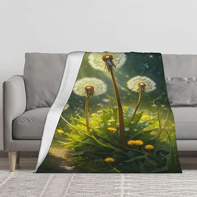 Charming dandelion printed flannel blanket - designed with vibrant natural inspiration and a starry sky background under the sun 4