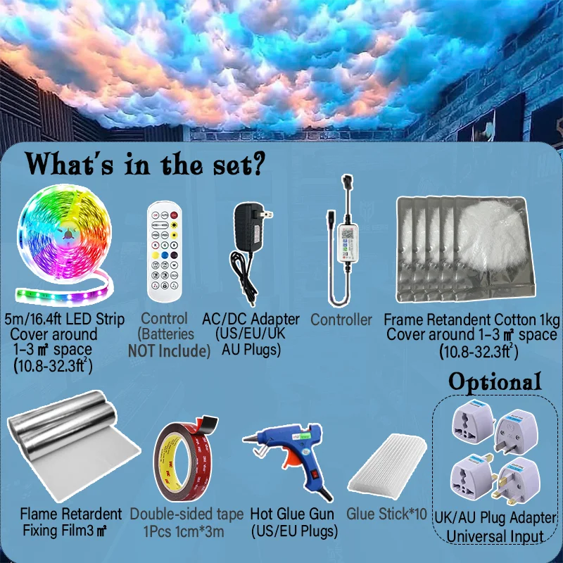 תאורת ענן 3D Thunder Cloud Lights LED לתקרה ענן מולטיקולור תאורה ענן ערכת כותנה לקישוט חדר משחקים חדר שינה מרפסת