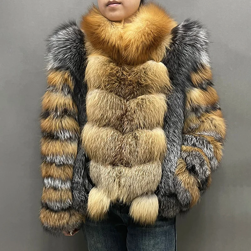 

Женское роскошное зимнее пальто из красного лисьего и серебряного лисьего меха, длинное пальто из лисьего меха, пальто с большим воротником, толстое теплое пальто из натурального меха