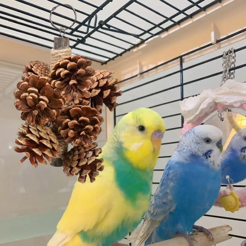 

Bird Foraging Toys with 8 Pine Cones Natural Wooden Parrot Toys Hangable Chewing Sticks Toys for Conures Parakeets Cockatoo