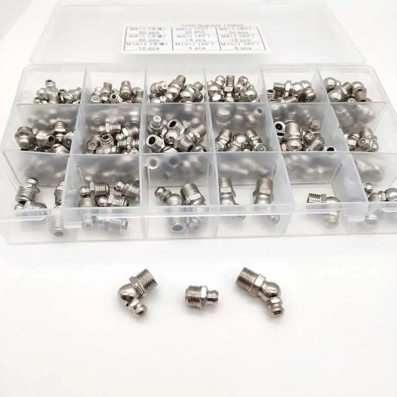 170pcs 90 Degree and Straight Type M6M8M10 Metric Size Hydraulic Zerk Grease Nipple Fitting Male thread Oil mouth Assortment Kit