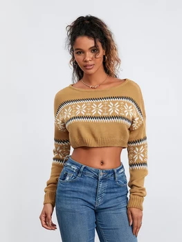 Women Cute Cropped Sweaters Casual Print Warm Long Sleeve Pullover Basic Knitwear for Fall Streetwear 6