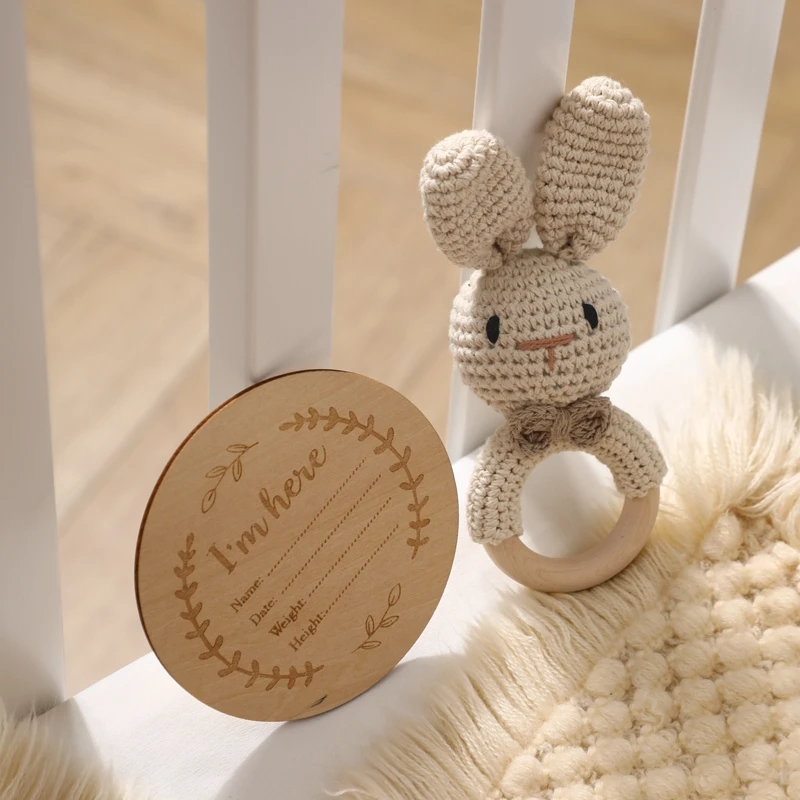 Wooden Baby Rattle Gift Set – Crochet Animal Toy & Montessori Keepsake Box