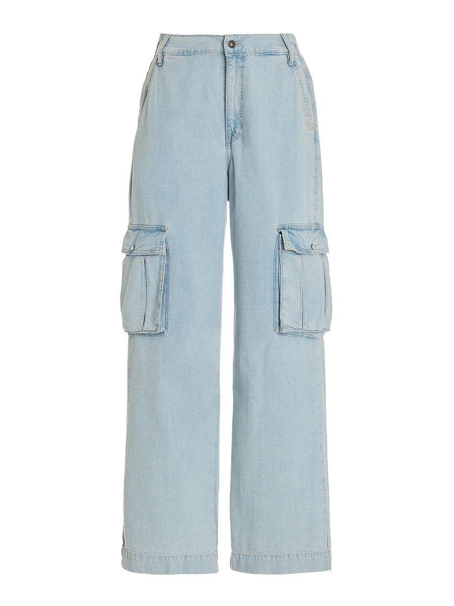 High Quality Women's Spring Summer Denim Pants Sky Blue Baggy Wide Leg Jeans with Multi Pockets