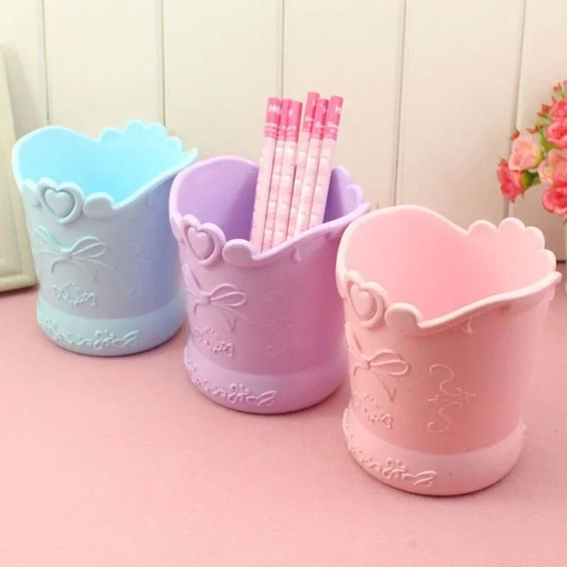 Bow Love Heart Shape Plastic Pen Holder Pink Barrel Girl Cute Bucket Desk Organizer Stationery Large-capacity School Supplies