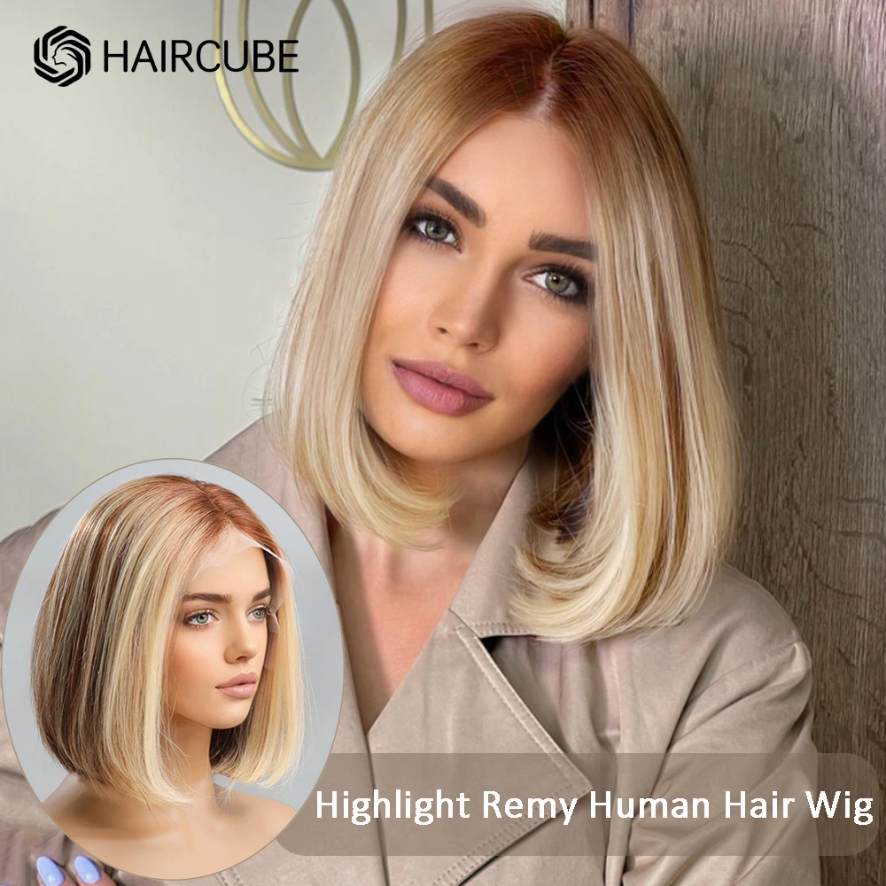 

HAIRCUBE Remy Human Hair Lace Front Short Bob Wig Blonde Mixed Brown Piano Colored Highlight Straight Wigs for Women Middle Part