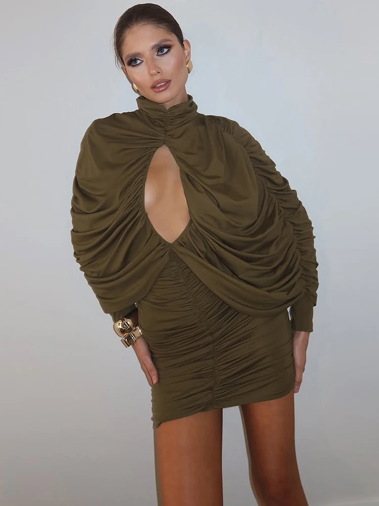 Nibber Peach Hip Stretch Dress Women Turtleneck Ruched Hollow Classic Full Batwing Sleeve Skinny Trend Party Sexy Bodycon