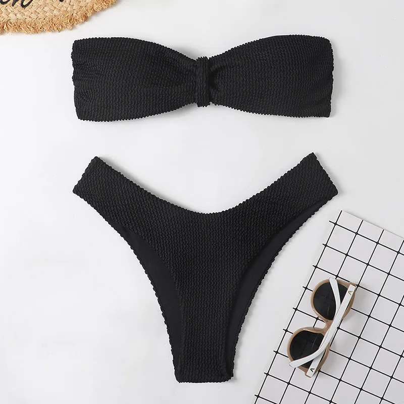 Swimsuits Women Candy Colors Sexy Swimwear Bather High Waist Push Up Bandeau Bikini Set Bathing Suits Beachwear Biquini Mujer strapless bikini set